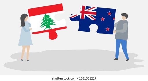 Couple holding two puzzles pieces with Lebanese and NZ flags. Lebanon and New Zealand national symbols together.