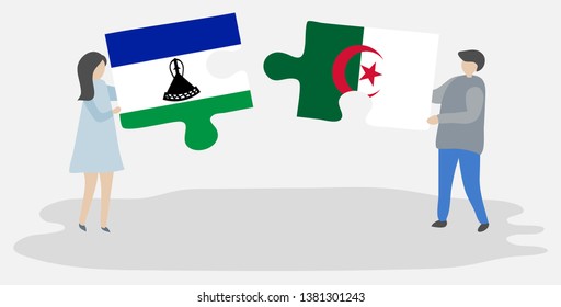Couple holding two puzzles pieces with Basotho and Algerian flags. Lesotho and Algeria national symbols together.