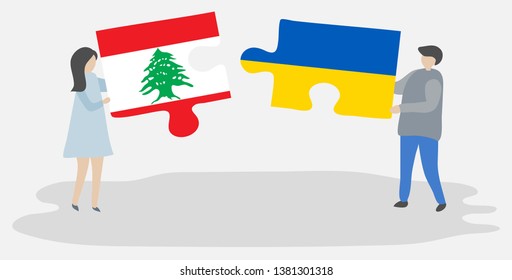 Couple holding two puzzles pieces with Lebanese and Ukrainian flags. Lebanon and Ukraine national symbols together.