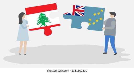 Couple holding two puzzles pieces with Lebanese and Tuvaluan flags. Lebanon and Tuvalu national symbols together.