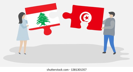 Couple holding two puzzles pieces with Lebanese and Tunisian flags. Lebanon and Tunisia national symbols together.