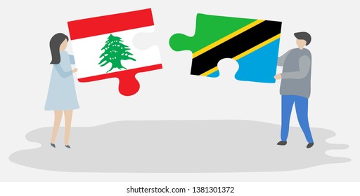 Couple holding two puzzles pieces with Lebanese and Tanzanian flags. Lebanon and Tanzania national symbols together.
