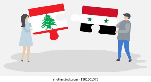 Couple holding two puzzles pieces with Lebanese and Syrian flags. Lebanon and Syria national symbols together.