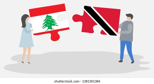 Couple holding two puzzles pieces with Lebanese and Trinidadian flags. Lebanon and Trinidad and Tobago national symbols together.