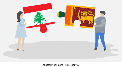 Couple holding two puzzles pieces with Lebanese and Sri Lankan flags. Lebanon and Sri Lanka national symbols together.
