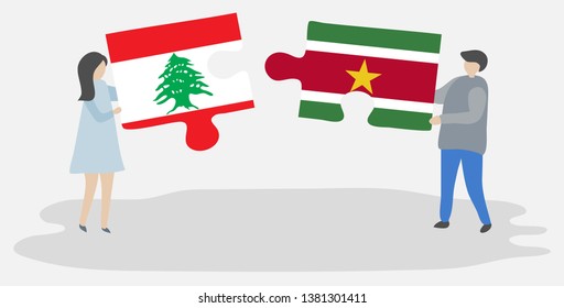 Couple holding two puzzles pieces with Lebanese and Surinamese flags. Lebanon and Suriname national symbols together.