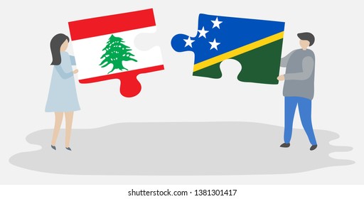 Couple holding two puzzles pieces with Lebanese and Solomon Island flags. Lebanon and Solomon Islands national symbols together.