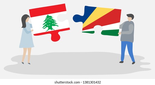 Couple holding two puzzles pieces with Lebanese and Seychellois flags. Lebanon and Seychelles national symbols together.