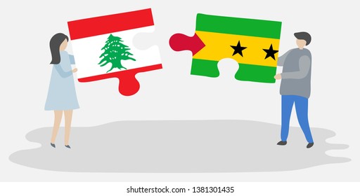 Couple holding two puzzles pieces with Lebanese and Sao Tomean flags. Lebanon and Sao Tome and Principe national symbols together.