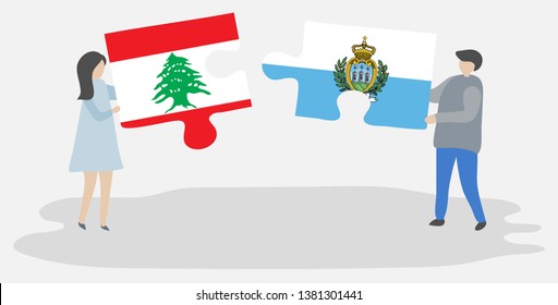 Couple holding two puzzles pieces with Lebanese and Sammarinese flags. Lebanon and San Marino national symbols together.