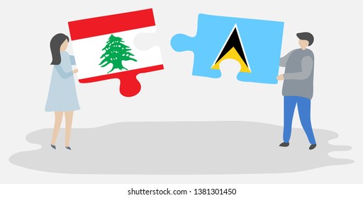 Couple holding two puzzles pieces with Lebanese and Saint Lucian flags. Lebanon and Saint Lucia national symbols together.