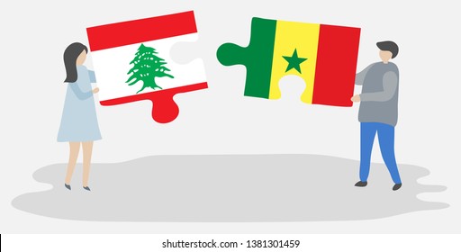 Couple holding two puzzles pieces with Lebanese and Senegalese flags. Lebanon and Senegal national symbols together.