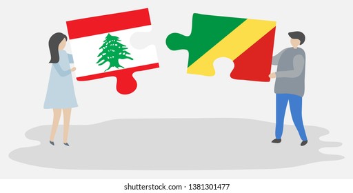 Couple holding two puzzles pieces with Lebanese and Congolese flags. Lebanon and Republic of the Congo national symbols together.