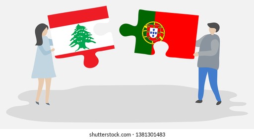 Couple holding two puzzles pieces with Lebanese and Portuguese flags. Lebanon and Portugal national symbols together.