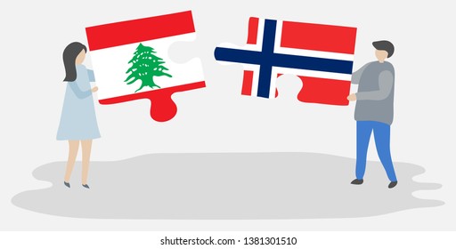 Couple holding two puzzles pieces with Lebanese and Norwegian flags. Lebanon and Norway national symbols together.