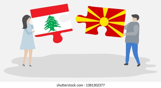 Couple holding two puzzles pieces with Lebanese and Macedonian flags. Lebanon and Macedonia national symbols together.