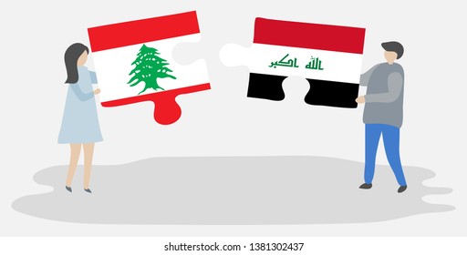 Couple holding two puzzles pieces with Lebanese and Iraqi flags. Lebanon and Iraq national symbols together.