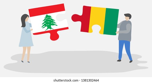 Couple holding two puzzles pieces with Lebanese and Guinean flags. Lebanon and Guinea national symbols together.