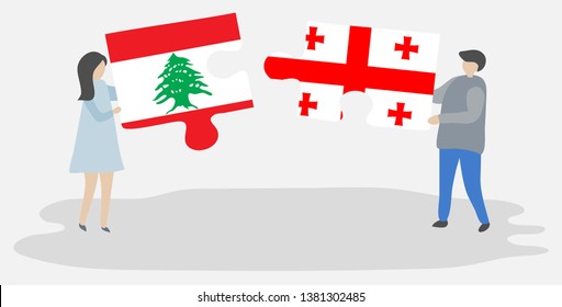 Couple holding two puzzles pieces with Lebanese and Georgian flags. Lebanon and Georgia national symbols together.