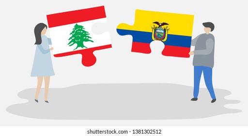 Couple holding two puzzles pieces with Lebanese and Ecuadorian flags. Lebanon and Ecuador national symbols together.