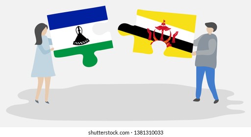 Couple holding two puzzles pieces with Basotho and Bruneian flags. Lesotho and Brunei national symbols together.