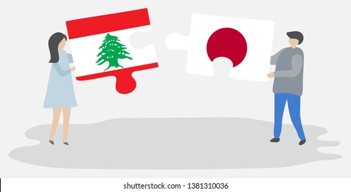 Couple holding two puzzles pieces with Lebanese and Japanese flags. Lebanon and Japan national symbols together.