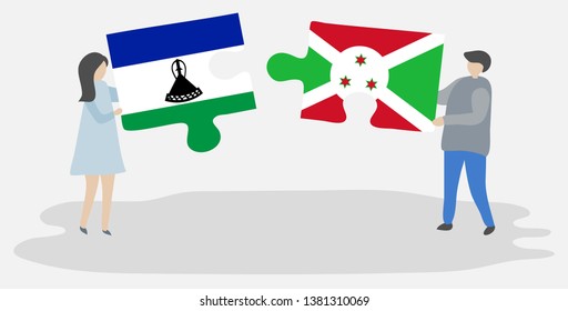 Couple holding two puzzles pieces with Basotho and Burundian flags. Lesotho and Burundi national symbols together.
