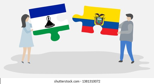 Couple holding two puzzles pieces with Basotho and Ecuadorian flags. Lesotho and Ecuador national symbols together.