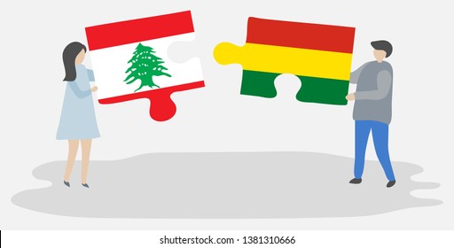 Couple holding two puzzles pieces with Lebanese and Bolivian flags. Lebanon and Bolivia national symbols together.