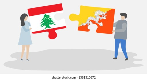 Couple holding two puzzles pieces with Lebanese and Bhutanese flags. Lebanon and Bhutan national symbols together.