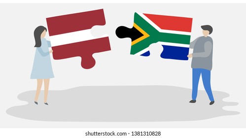 Couple holding two puzzles pieces with Latvian and South African flags. Latvia and South Africa national symbols together.