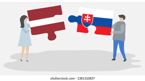 Couple holding two puzzles pieces with Latvian and Slovak flags. Latvia and Slovakia national symbols together.