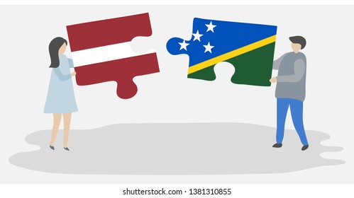 Couple holding two puzzles pieces with Latvian and Solomon Island flags. Latvia and Solomon Islands national symbols together.
