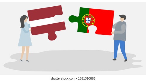 Couple holding two puzzles pieces with Latvian and Portuguese flags. Latvia and Portugal national symbols together.