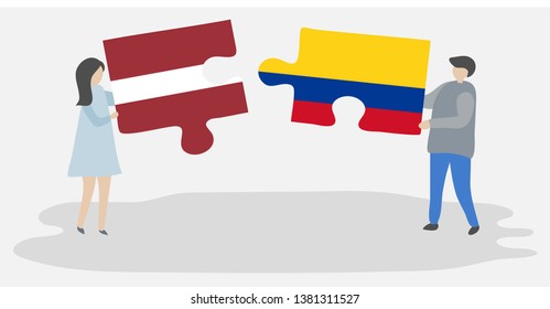 Couple holding two puzzles pieces with Latvian and Colombian flags. Latvia and Colombia national symbols together.
