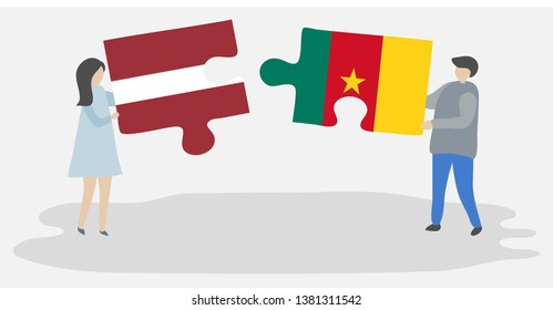 Couple holding two puzzles pieces with Latvian and Cameroonian flags. Latvia and Cameroon national symbols together.