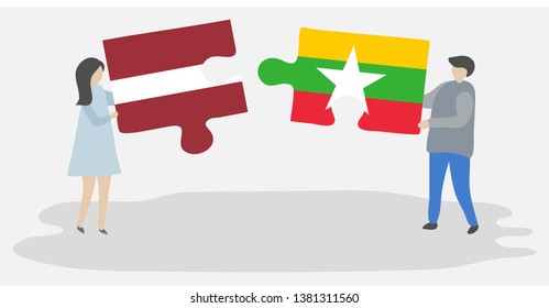 Couple holding two puzzles pieces with Latvian and Burmese flags. Latvia and Myanmar national symbols together.