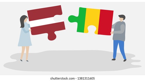 Couple holding two puzzles pieces with Latvian and Malian flags. Latvia and Mali national symbols together.