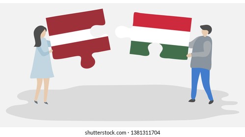 Couple holding two puzzles pieces with Latvian and Hungarian flags. Latvia and Hungary national symbols together.