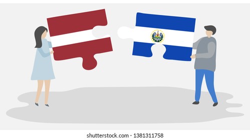 Couple holding two puzzles pieces with Latvian and Salvadoran flags. Latvia and El Salvador national symbols together.