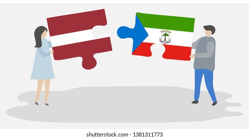Couple holding two puzzles pieces with Latvian and Equatorial Guinean flags. Latvia and Equatorial Guinea national symbols together.