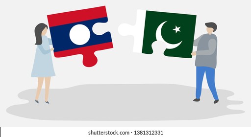 Couple holding two puzzles pieces with Lao and Pakistani flags. Laos and Pakistan national symbols together.