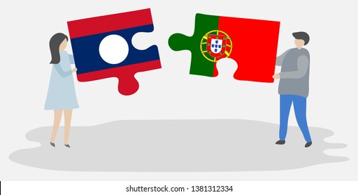 Couple holding two puzzles pieces with Lao and Portuguese flags. Laos and Portugal national symbols together.