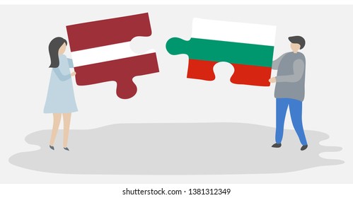 Couple holding two puzzles pieces with Latvian and Bulgarian flags. Latvia and Bulgaria national symbols together.