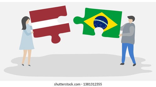 Couple holding two puzzles pieces with Latvian and Brazilian flags. Latvia and Brazil national symbols together.