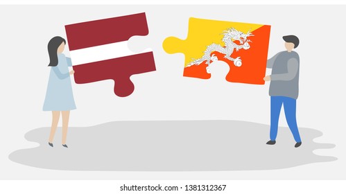 Couple holding two puzzles pieces with Latvian and Bhutanese flags. Latvia and Bhutan national symbols together.