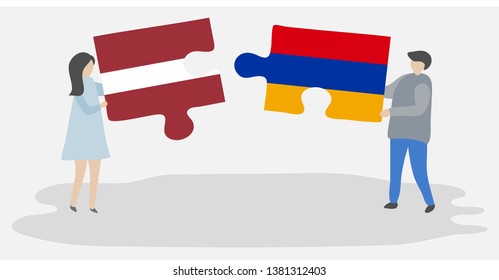 Couple holding two puzzles pieces with Latvian and Armenian flags. Latvia and Armenia national symbols together.
