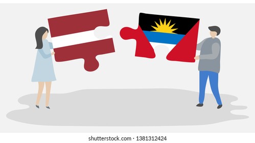 Couple holding two puzzles pieces with Latvian and Antiguan flags. Latvia and Antigua and Barbuda national symbols together.