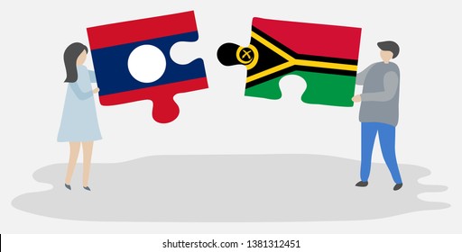 Couple holding two puzzles pieces with Lao and Vanuatuan flags. Laos and Vanuatu national symbols together.