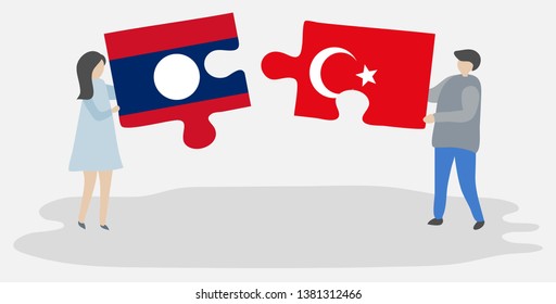 Couple holding two puzzles pieces with Lao and Turkish flags. Laos and Turkey national symbols together.